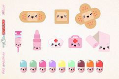 Collection of health aid kawaii clipart, pills and bandage aid medical png graphics set  for planner stickers, cards, scrapbooking. Product Image 1
