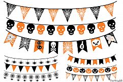 Halloween bunting clipart, Orange black flags clip art set Product Image 1