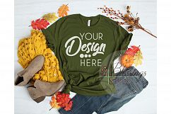 Fall Flat Lay Mockup Bella Canvas 3001 Olive Green color Tee Product Image 1