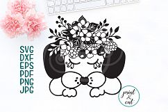 Puppy Dog face closed eyes with flowers for cutting print Product Image 1