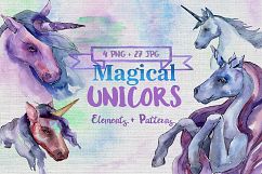 Magical purple unicorn PNG watercolor set Product Image 1