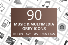 90 Music &amp; Multimedia Flat Greyscale Icons Product Image 1