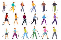 Nordic walking icons set, cartoon style Product Image 1