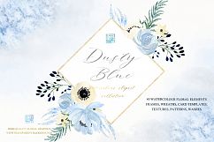 Dusty blue and gold watercolour flowers Digital clipart hand drawn. Soft blue, grey and cream colors. Product Image 1