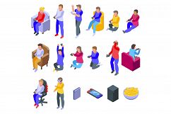 Kids playing video games icons set, isometric style Product Image 1