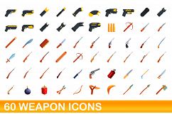 60 weapon icons set, cartoon style Product Image 1