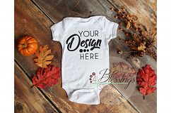 Baby Shirt Mockup White Onesie bodysuit Fall Flat Lay Product Image 1