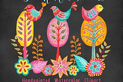 Folk Art Birds &amp; Trees Watercolor Clipart Product Image 7