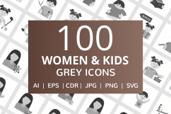 100 Women &amp; Kids Flat Greyscale Icons Product Image 1