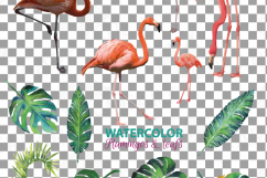 Watercolor Flamingos Clipart with watercolor leafs. 5 flamingos and 7 green leafs, flamingos and leafs collection, greenery, diy invitation Product Image 3