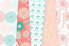 Coral and Teal Floral Vector Patterns - Red Flower Seamless Digital Papers Product Image 2