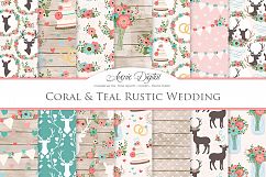 Coral and Teal Wedding Digital Paper -  Rustic Deer Wedding Seamless Patterns Product Image 1