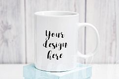 White coffee 11oz mug mock up clock decor rustic background neutral minimal cup template psd smart Product Image 1
