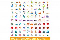 100 entertainment icons set, cartoon style Product Image 1