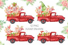 Christmas truck with xmas trees, sants and cute pigs Product Image 4