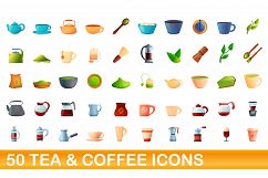 50 tea and coffee icons set, cartoon style Product Image 1
