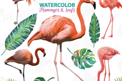 Watercolor Flamingos Clipart with watercolor leafs. 5 flamingos and 7 green leafs, flamingos and leafs collection, greenery, diy invitation Product Image 10