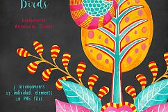 Folk Art Birds &amp; Trees Watercolor Clipart Product Image 3