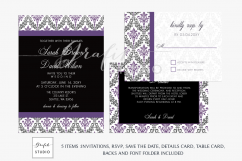 Purple and Black Damask Wedding Invitation Template Product Image 1