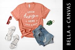 Sunset Bella Canvas 3001 T Shirt Mockup Flat Lay Girl Shirt Product Image 1