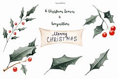 Chrismas Holly &amp; wood Winter watercolor clipart with berries Product Image 4