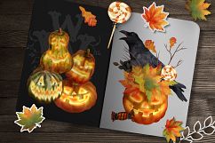 Halloween clipart set with raven pumpkin fall leaves sweets Product Image 3