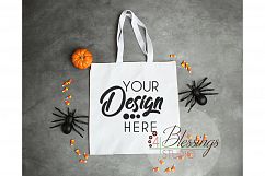White Halloween Tote Bag Mockup Trick or Treat Bag Mock Up Product Image 1