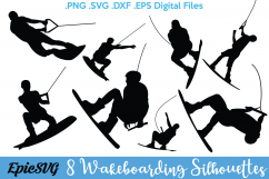 8 Wakeboarding Silhouettes | .SVG .PDF .EPS .dxf .png | Wakeboard Vector Graphic Silhouette Cameo Cricut Clipart Product Image 1