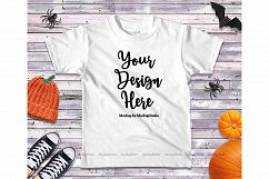 Halloween Fall White Kids Shirt Mockup Teen Flat Lay Display Product Image 1