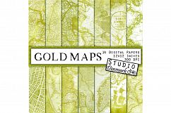 Gold Maps Digital Paper - 14 Antique Gold Leaf Maps Product Image 1