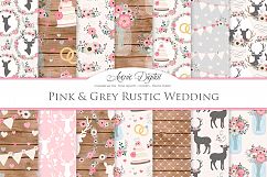 Pink and Grey Wedding Digital Paper - Gray and Pink Rustic Wedding Deer Seamless Patterns Product Image 1