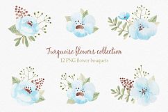 Turquoise flowers. Watercolor. Product Image 3