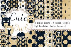 16 Cute Owl Pattern Gold Foil and Navy Blue Digital Papers Product Image 1