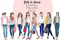 Girls in jeans watercolor fashion illustration clipart Product Image 1