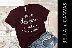 Heather Cardinal T-Shirt Mockup Bella Canvas 3001 Flat Lay Product Image 1