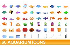 60 aquarium icons set, cartoon style Product Image 1