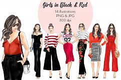 Fashion Clipart Girls in Red and Black, watercolour illustration Product Image 1