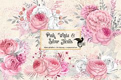 Pink, White and Silver Floral Clipart Product Image 1