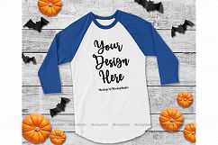 Fall Halloween Raglan Jersey Tshirt Blue and White Mock Up Product Image 1