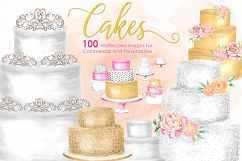 100 CAKES Watercolor Cakes Bundle Pastry Cooking Kitchen Watercolor Flowers Three Tier Cake Wedding Cake Logo Bakery Logo Gold Cake Artisan Cakes Product Image 1