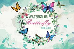 Watercolor Wreath with watercolour butterflies Clipart, Green Leaves and butterflies, Laurel Wreath, Watercolour background, Garden wedding Product Image 1