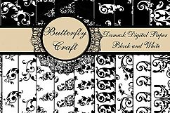 Damask Digital Paper, Black and White Damask Digital, Black and White Damask Background, Damask scrapbook, Black and White Damask pattern Product Image 1