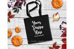 Fall Tote Bag Mock Up Black Canvas Tote Pumpkin Flat Lay Product Image 1