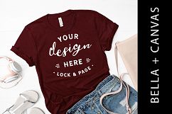 Maroon Bella Canvas 3001 T-Shirt Mockup Flat Lay Product Image 1