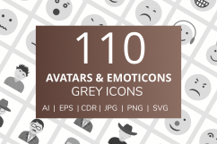 110 Avatars &amp; Emoticons Flat Greyscale Icons Product Image 1