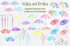 Watercolor Clipart Wellies and Brollies, Wellington Boots, Umbrellas, Clouds and Rain Drops  Product Image 2