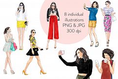 Girls with phones watercolour fashion illustration clipart Product Image 3