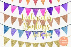 GOLD BUNTING BANNER Clipart Rainbow Watercolor Pennant Flag Banners &amp; Gold Glitter Confetti Birthday Party Graphics Product Image 2