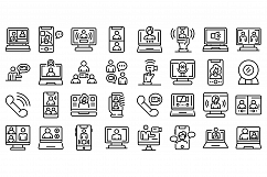 Video call icons set, outline style Product Image 1
