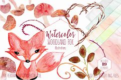 Cute Watercolor Woodland Fox Baby Animal Mushrooms Rustic Nature Clipart Set &amp; Digital Background Papers Product Image 1